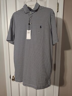 Men's Navy & White Striped Polo Shirt - Classic Casual